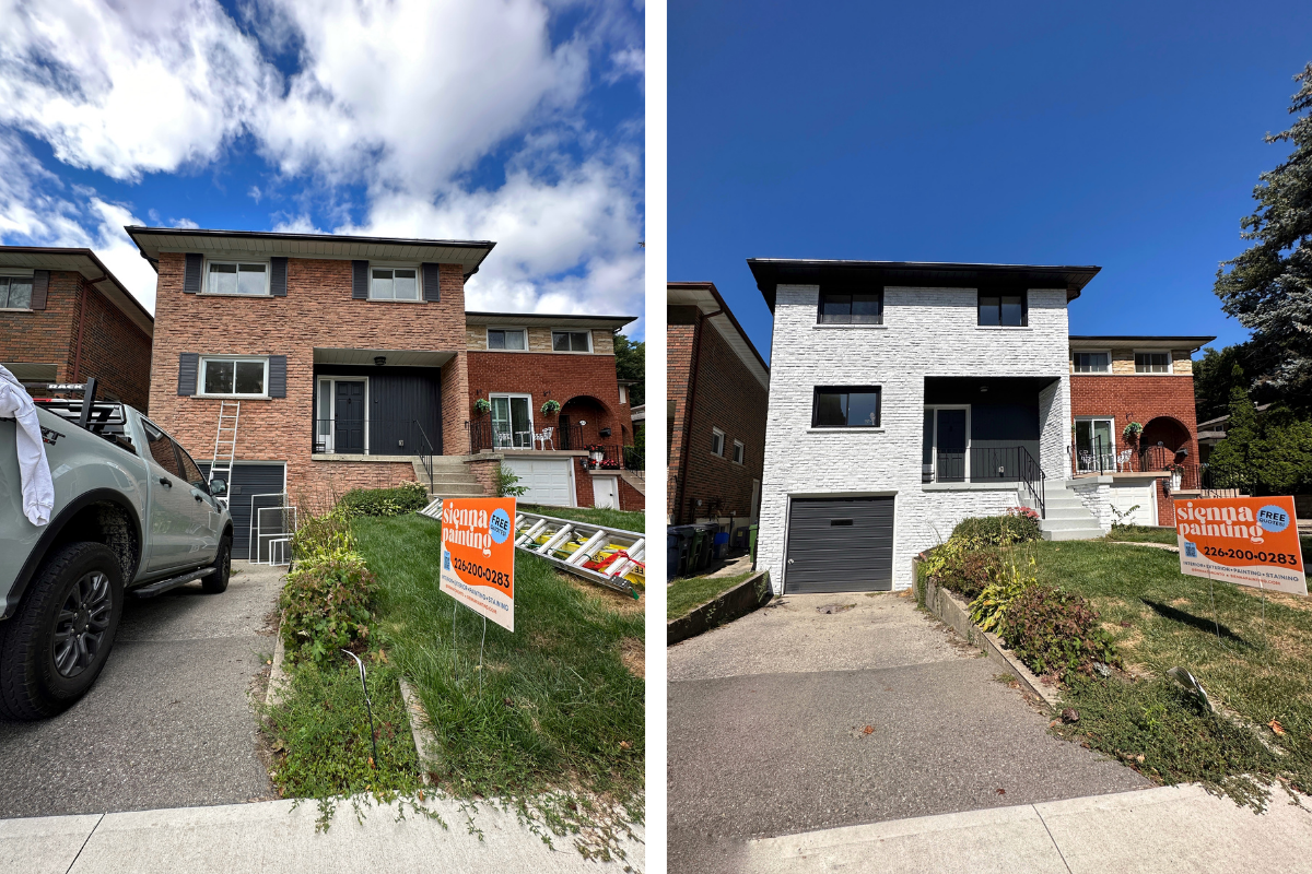 Exterior brick spray painting before and after