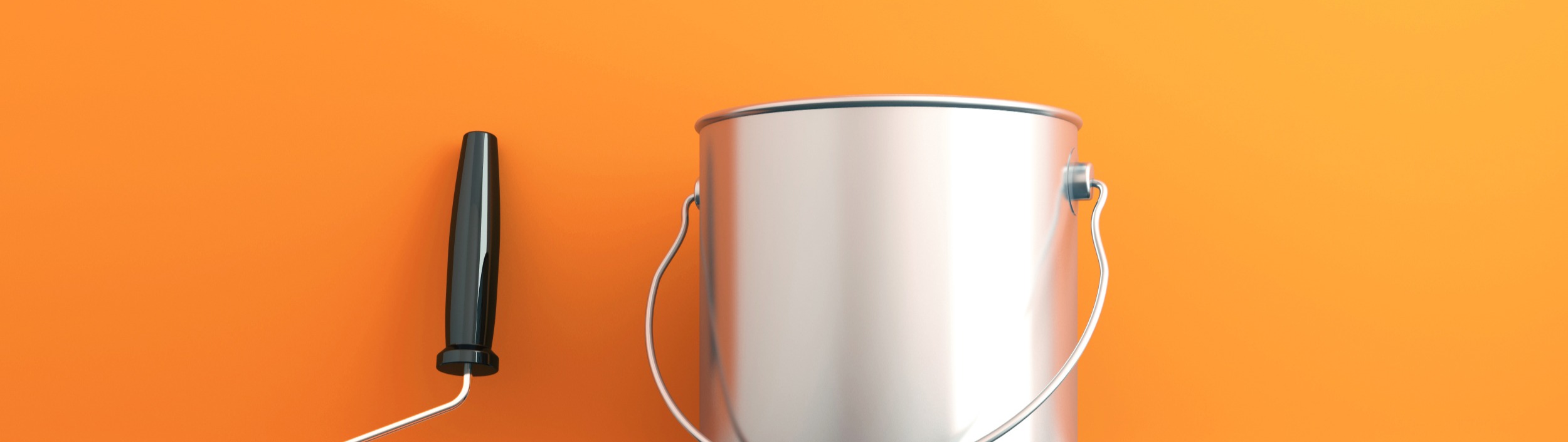 Paint can and roller against an orange wall