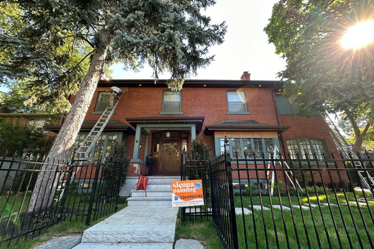 Exterior painting project in progress with ladder